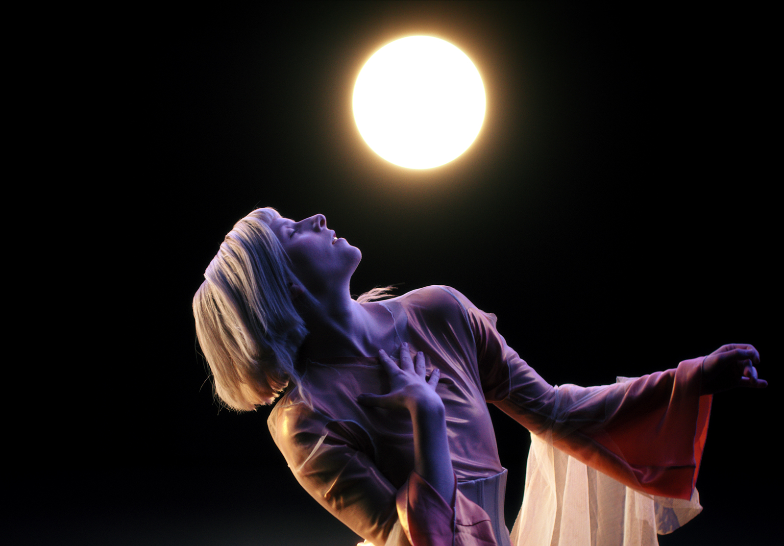 a woman in a purple dress standing in front of a full moon