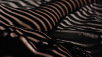 a close up of a black and white striped blanket