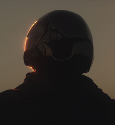 a person wearing a helmet with the sun in the background