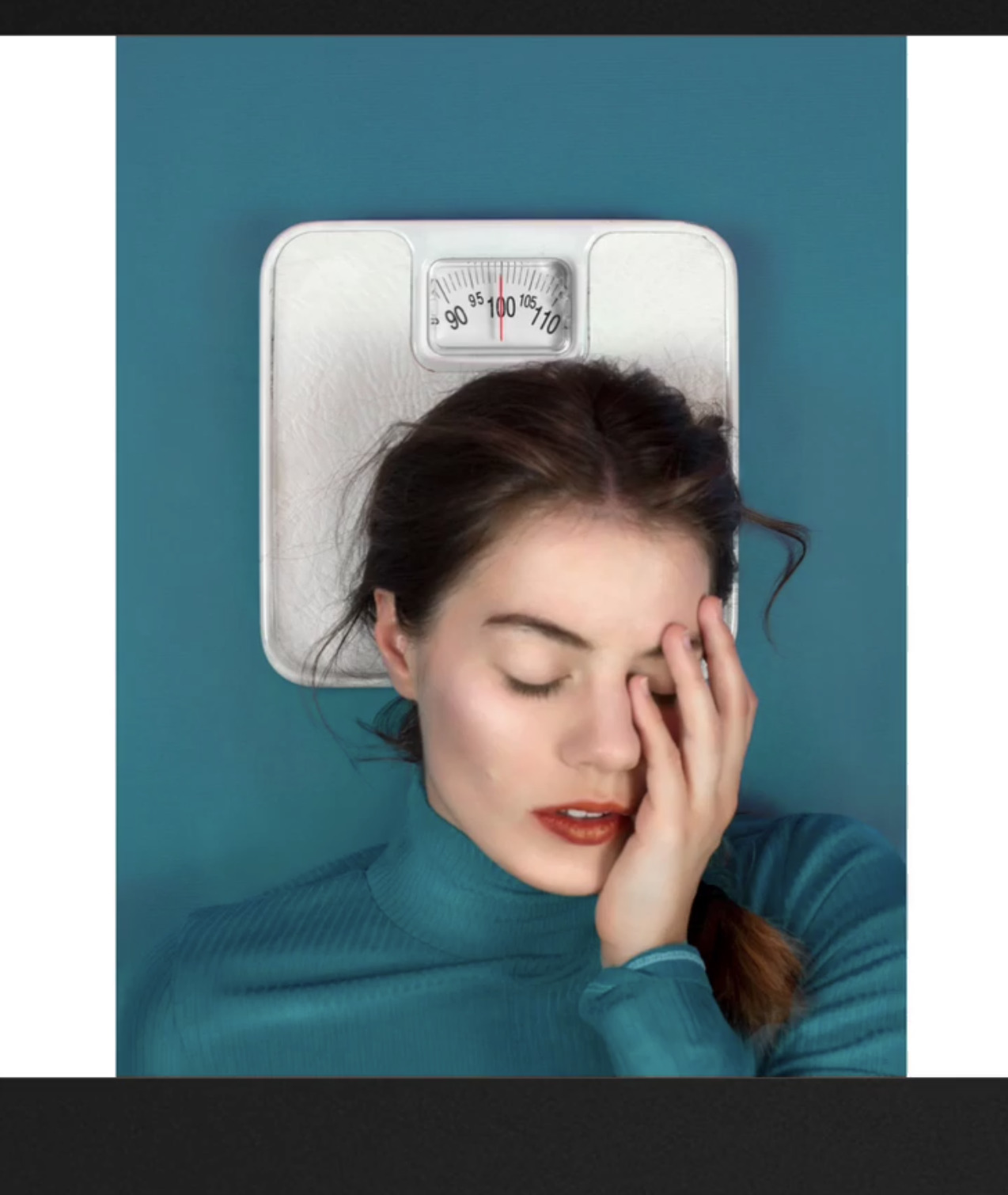 a woman sitting on a scale with her eyes closed