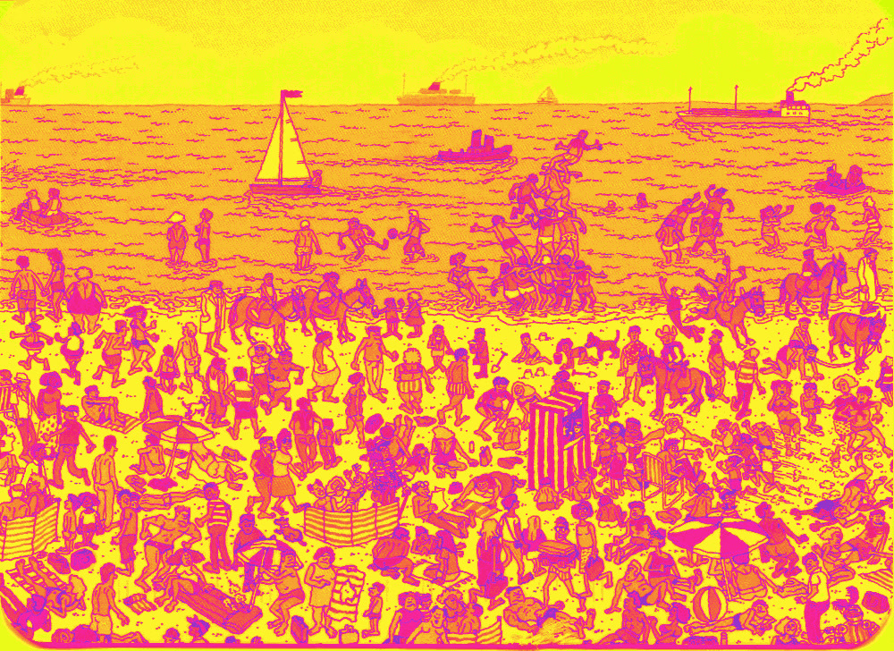 a painting of a crowd of people on a beach