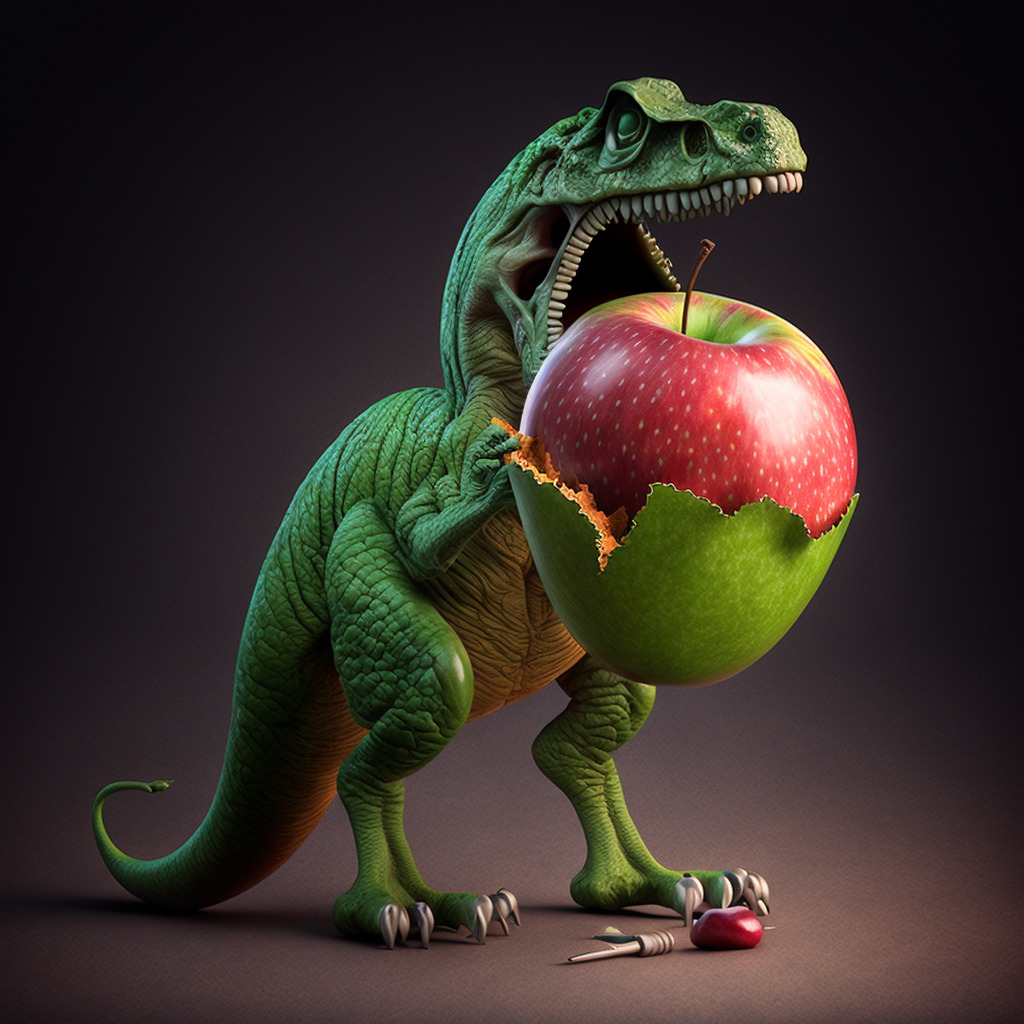 a dinosaur eating an apple with its mouth open