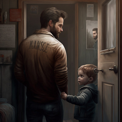 a man standing next to a little boy in a doorway