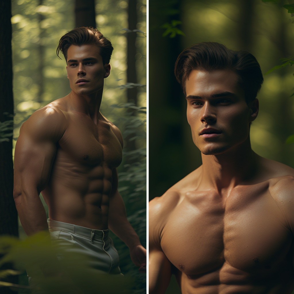 two pictures of a shirtless man in the woods