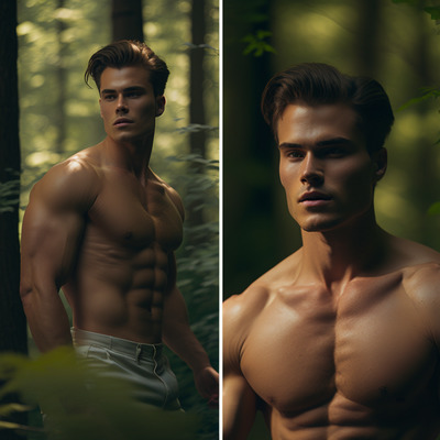 two pictures of a shirtless man in the woods