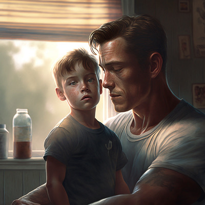 a painting of a man and a boy looking at each other