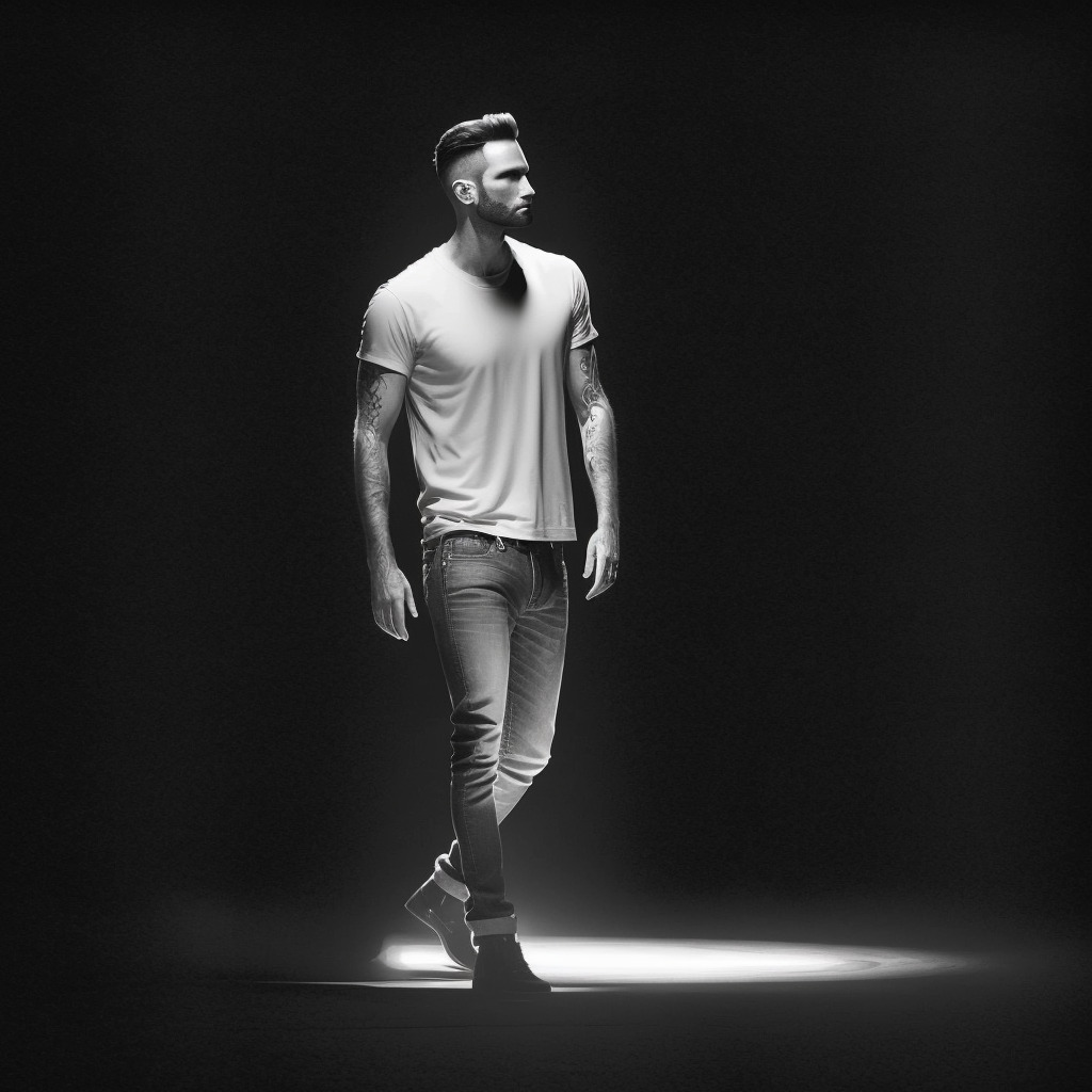 a man in a white t - shirt is standing in the dark