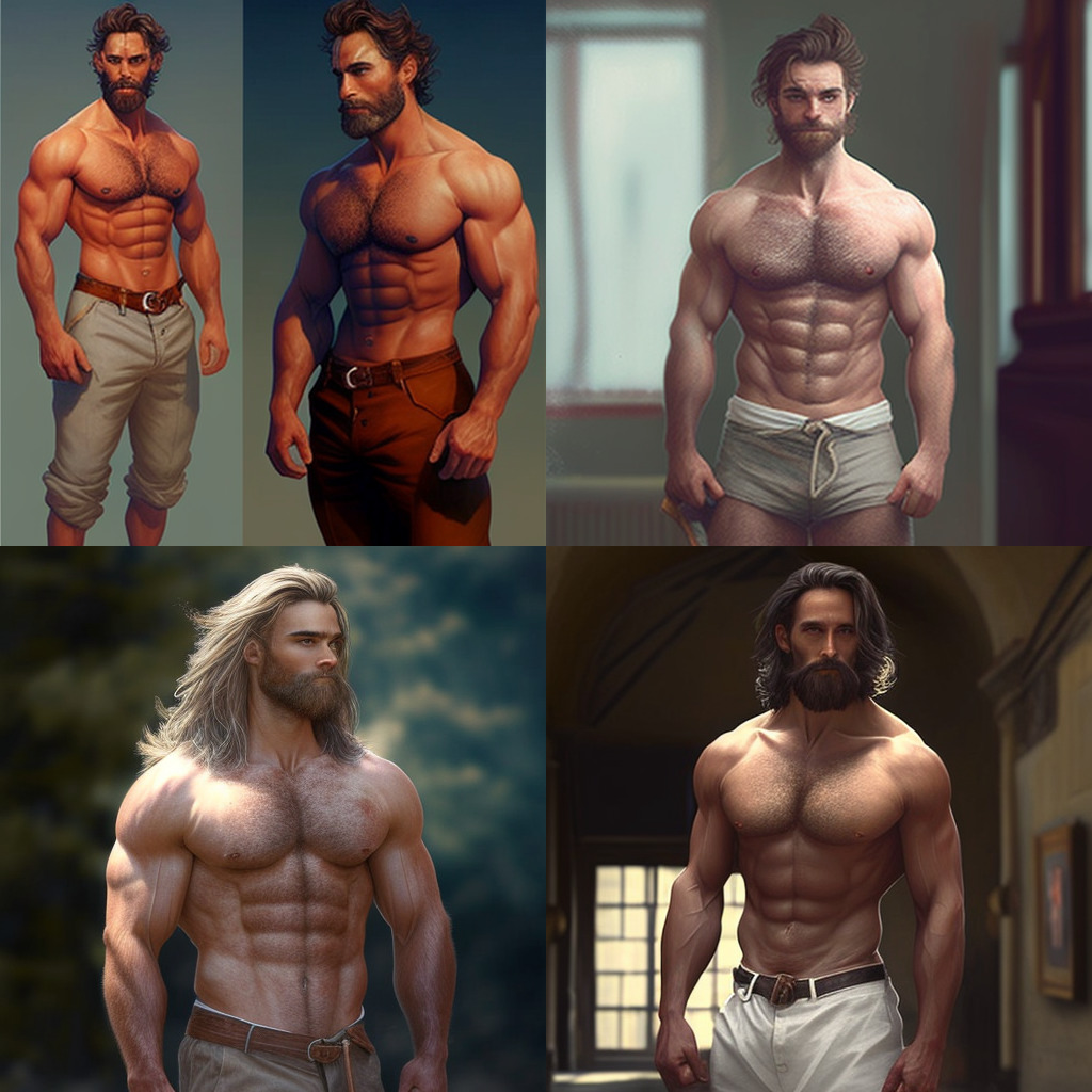 a man with long hair and a beard is shown in four different poses