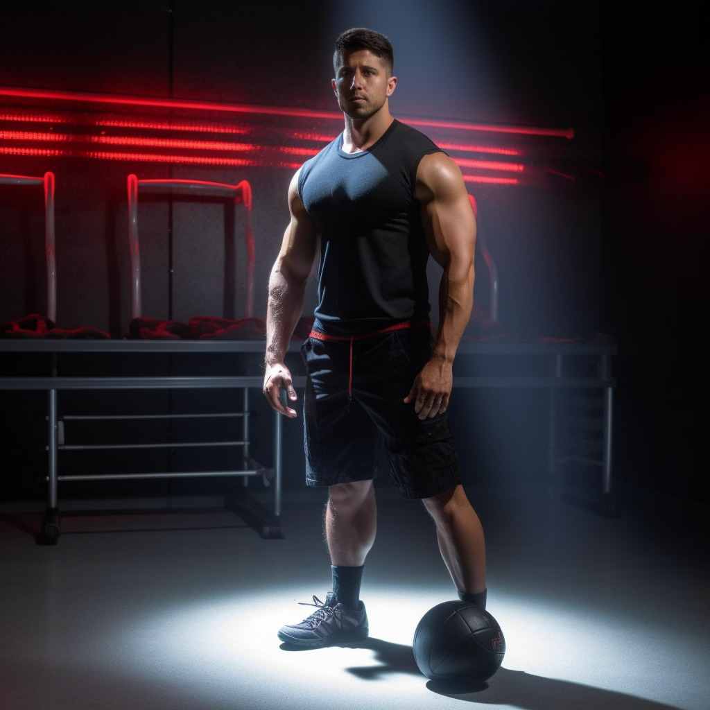 a man standing next to a ball in a dark room