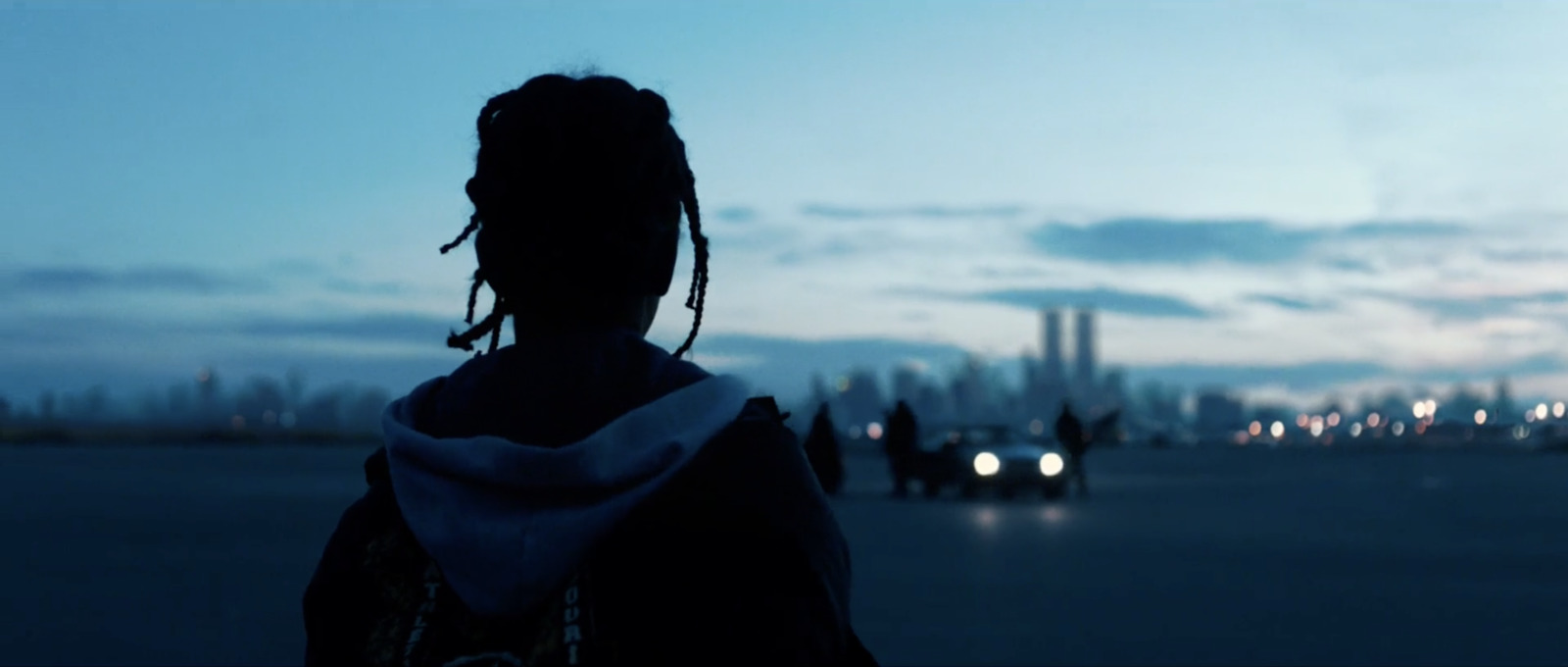 a person with dreadlocks standing in front of a city