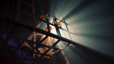 a skeleton in a cage with a light shining through it