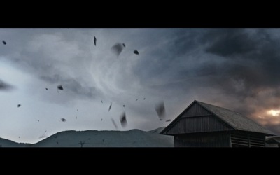 a group of birds flying over a building under a cloudy sky