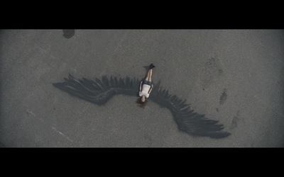 an aerial view of a person laying on the ground