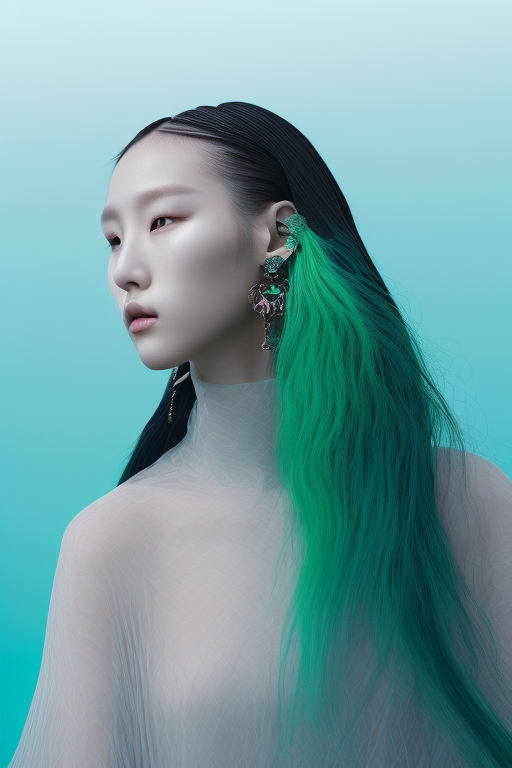 a woman with long green hair and earrings