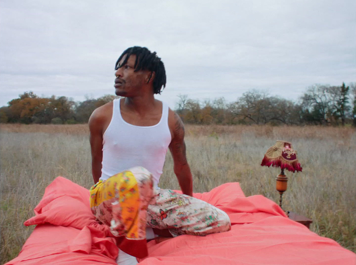 a man standing on a bed in a field