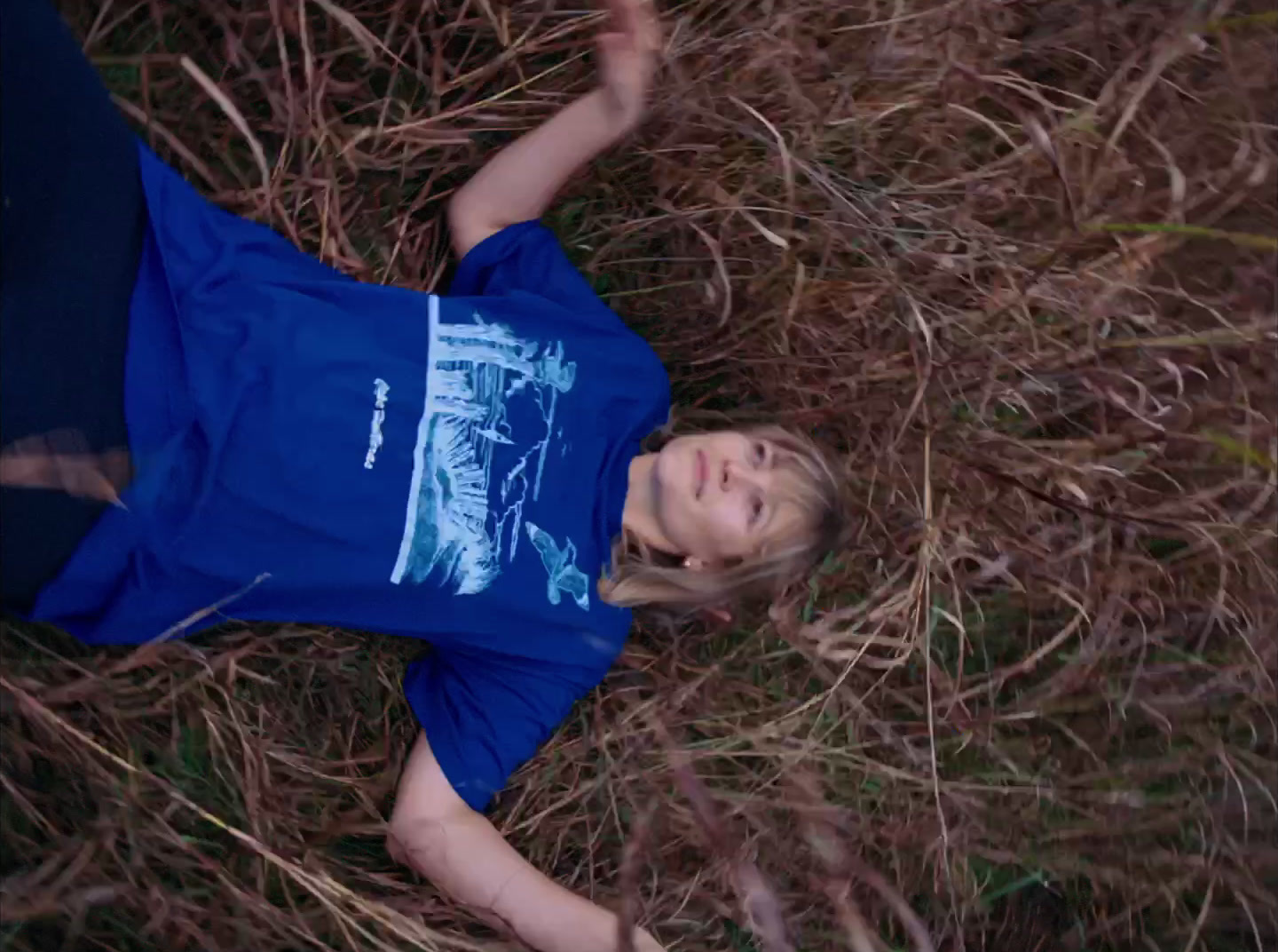 a young girl laying in a field of dry grass