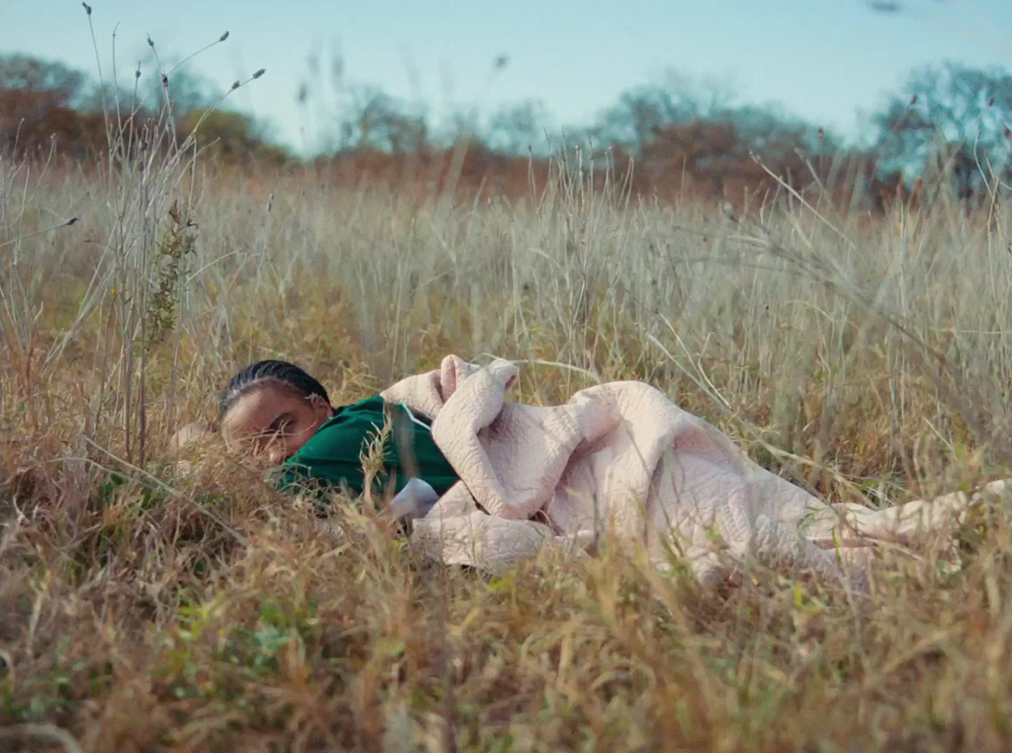 a person laying in a field of tall grass