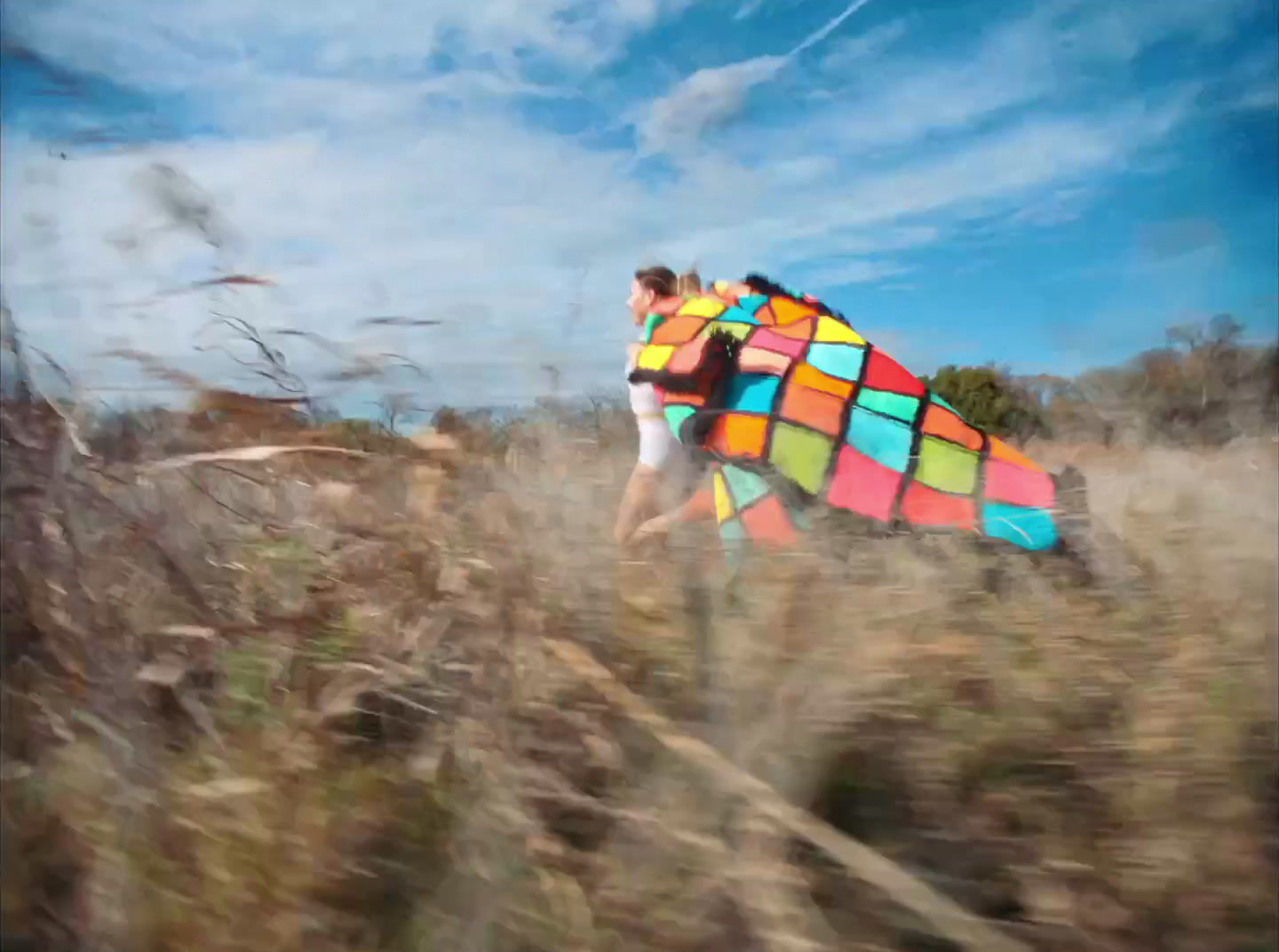 a woman carrying a colorful kite through a field