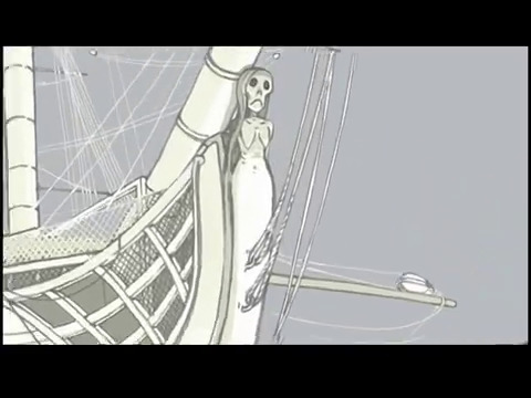 a cartoon picture of a skeleton on a ship