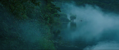 a body of water surrounded by trees and fog