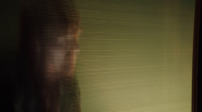 a woman standing in front of a window with blinds