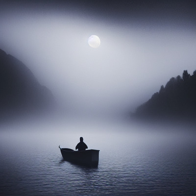 a man is sitting in a boat on a lake