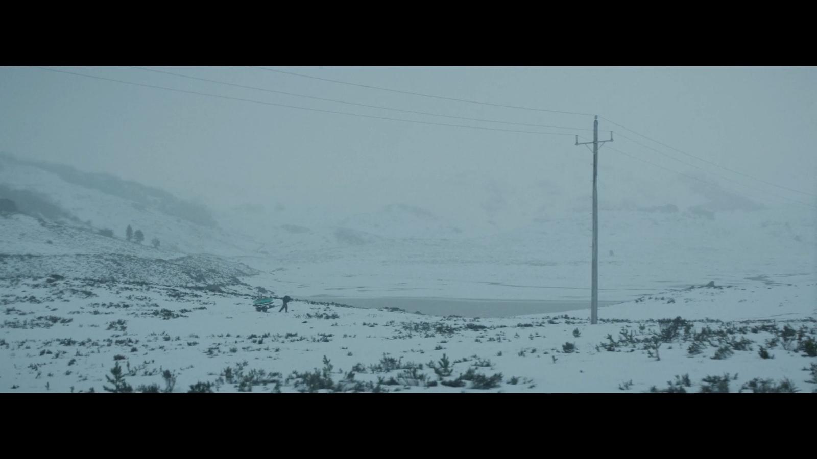 a snow covered field with a telephone pole in the distance