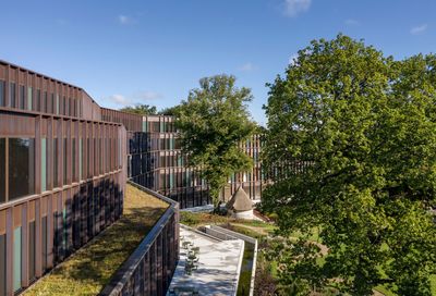 a view of a building with a green roof