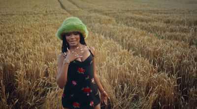 a woman standing in a field of wheat wearing a green hat