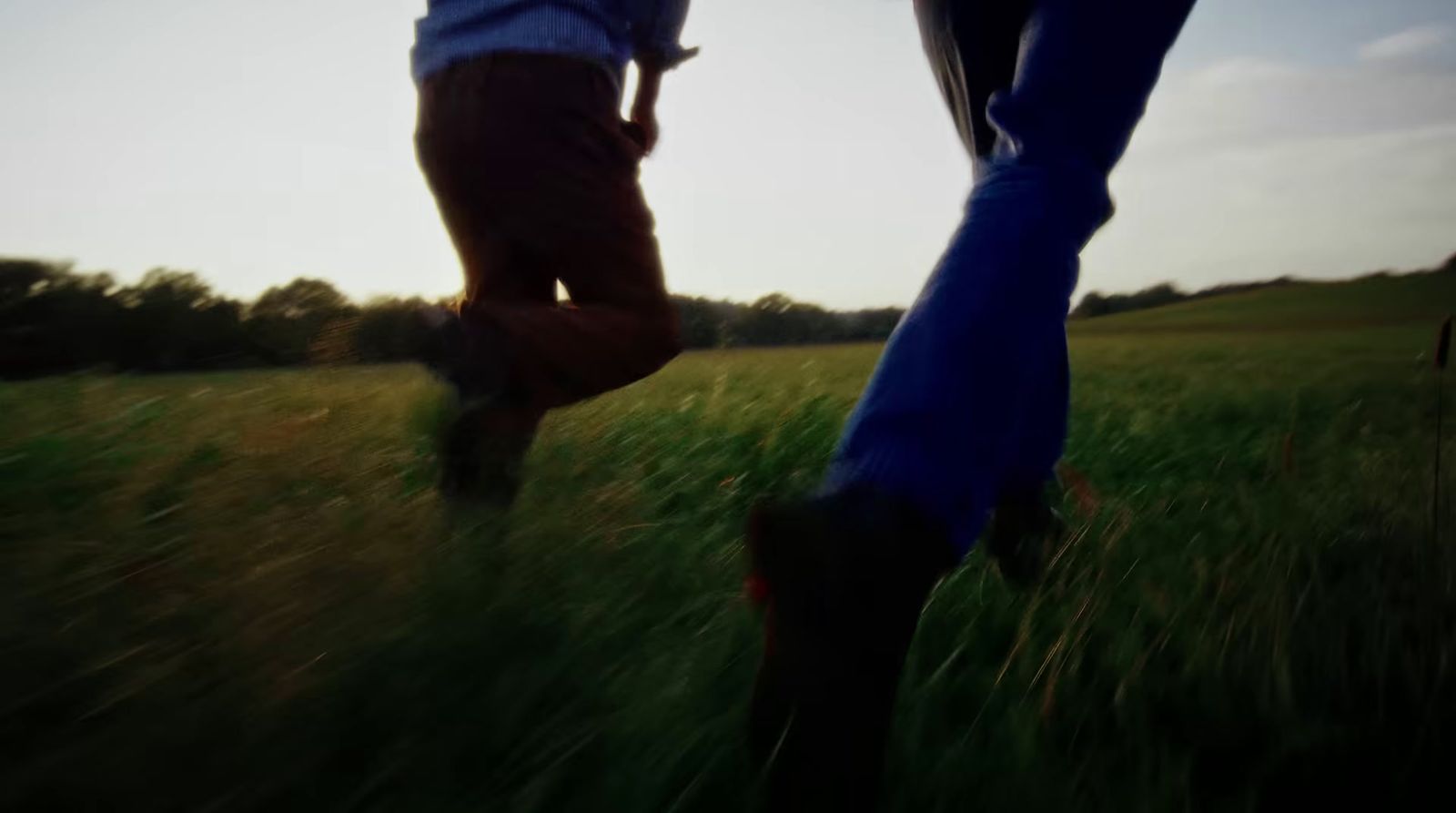 a couple of people walking across a lush green field