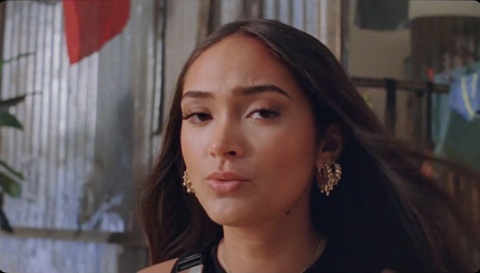 a close up of a person with long hair