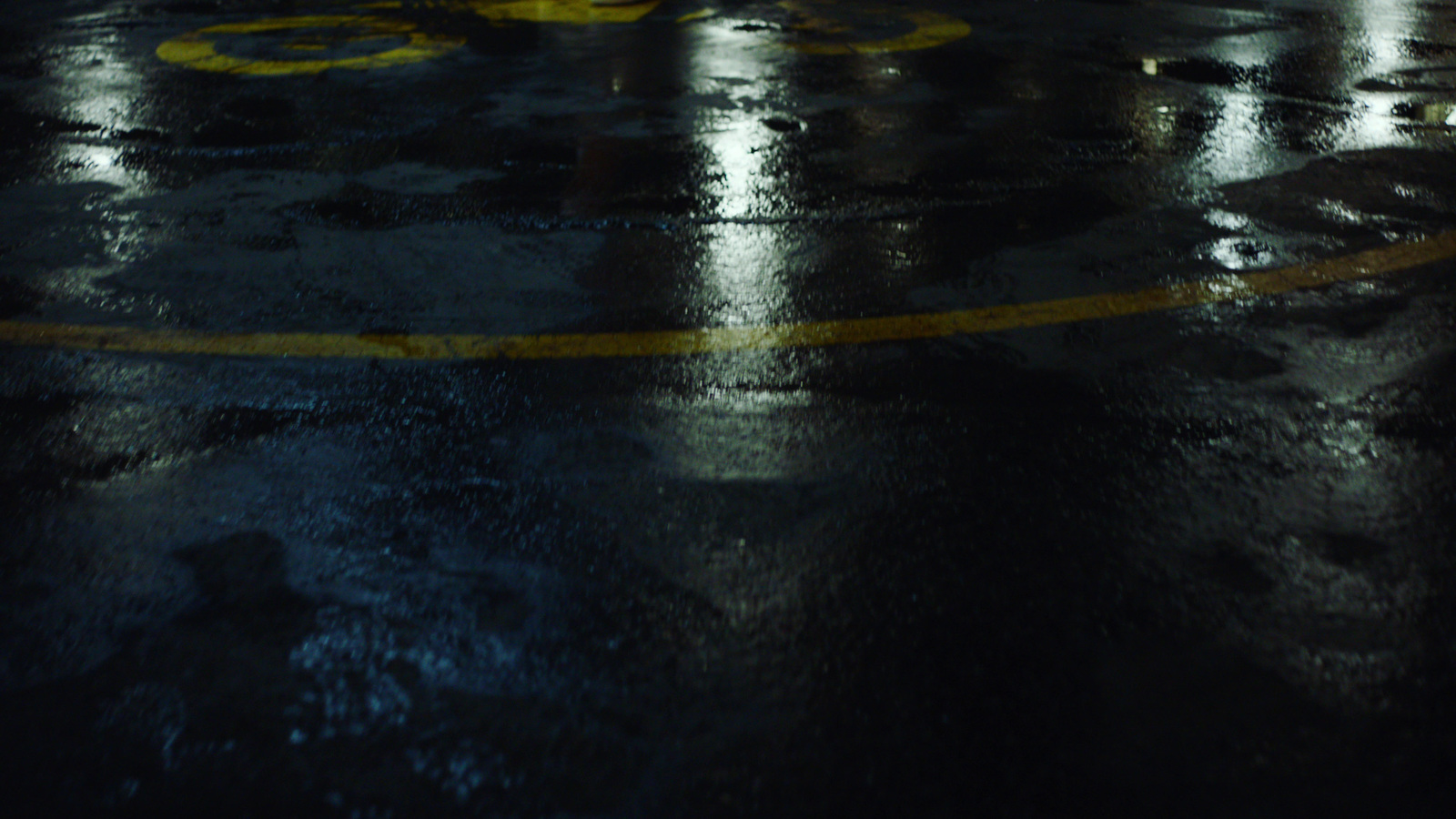 a stop sign on a wet street at night