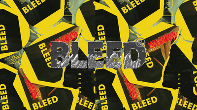 a group of black and yellow signs with the word bleed on them