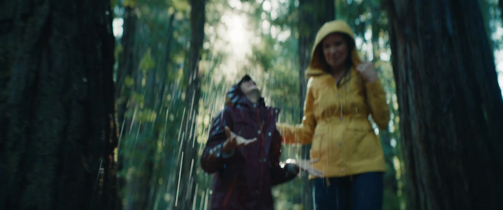 a woman in a yellow jacket walking through a forest