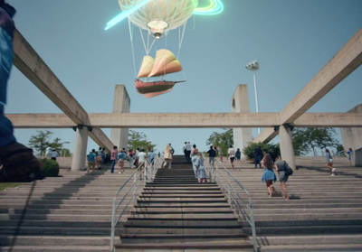 a group of people walking up a flight of stairs