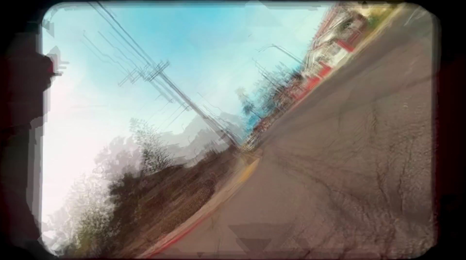 a blurry photo of a street with power lines