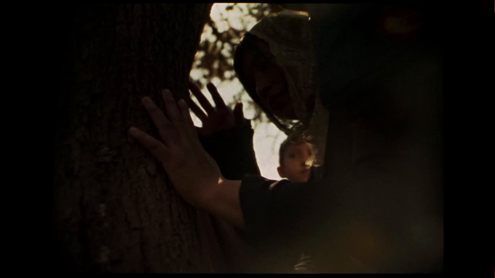 a person reaching out from behind a tree