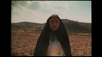 a woman in a black shawl standing in a field