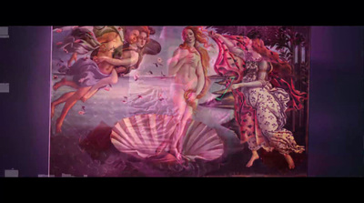 a painting of mermaids and a shell in a room