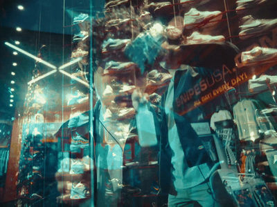 a man standing in front of a display of shoes