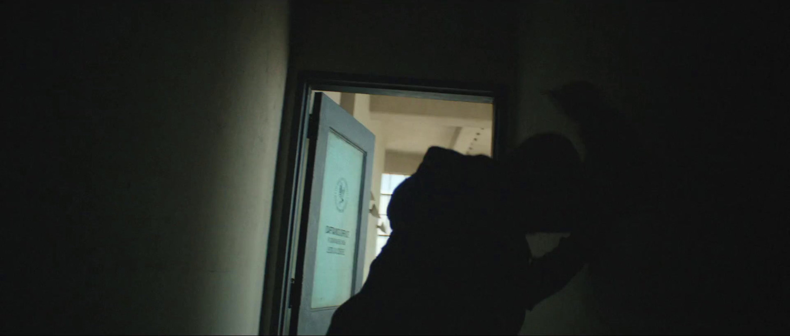 a person standing in a dark room with a door open