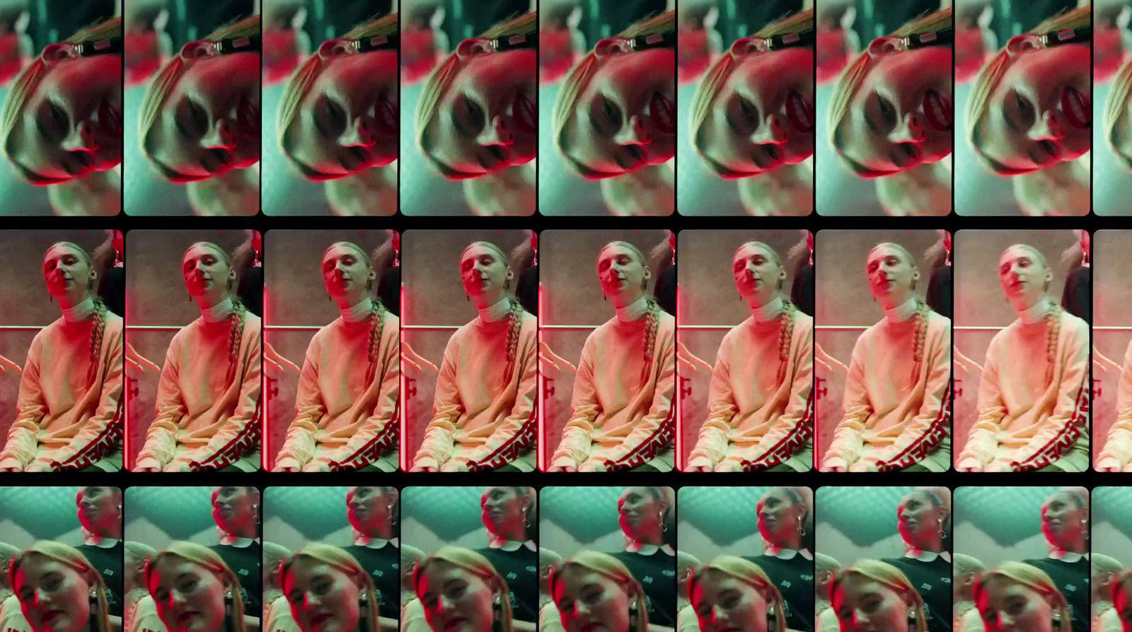 a series of images of a woman in a red dress