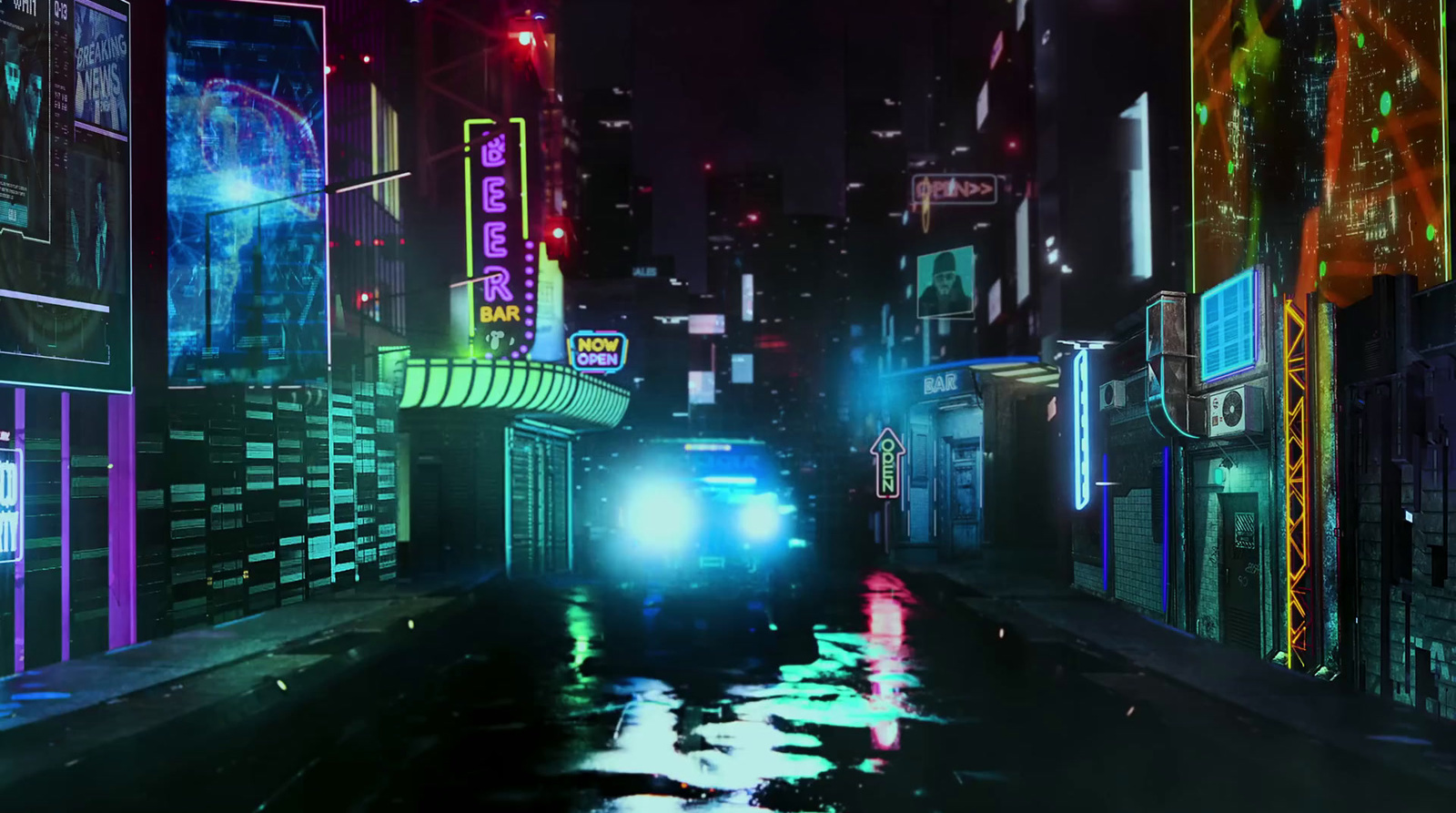 a city street at night with neon lights