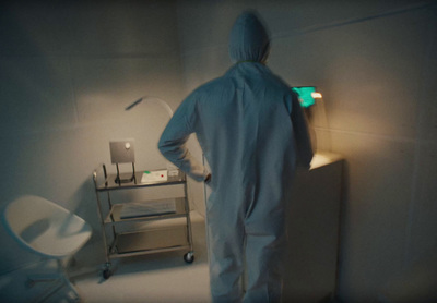 a person in a blue coverall standing next to a toilet