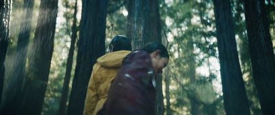 a man and a woman walking through a forest