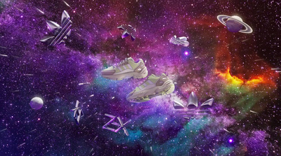 a space scene with a pair of sneakers in the foreground