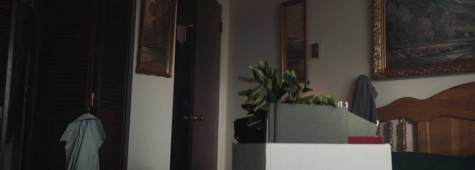 a room with a bed, a plant and a picture on the wall