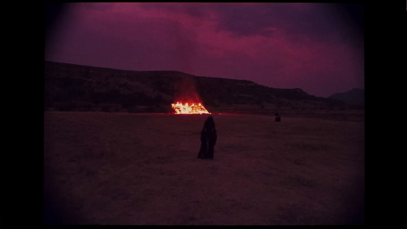 a person standing in a field with a fire in the background