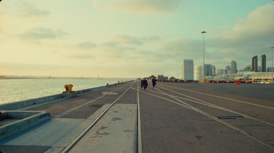 a couple of people walking across a bridge over water