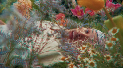 a woman laying down in a field of flowers